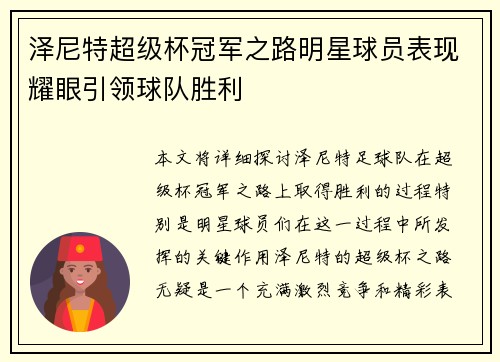 泽尼特超级杯冠军之路明星球员表现耀眼引领球队胜利